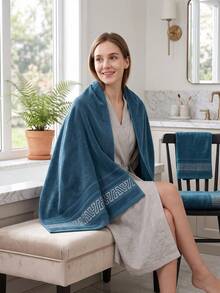 4/2/1pc - Size Approx. Bath Towel 28*55inch/Towel 13.4*30inch/ Geometric Jacquard Trim, Ultra Soft Absorbent Home Bath Towel, Thickened Quick Dry, Luxury Spa Towel, Suitable For Bathroom, Gym, Hotel, Men And Daily Home Use - Navy Blue - View 6