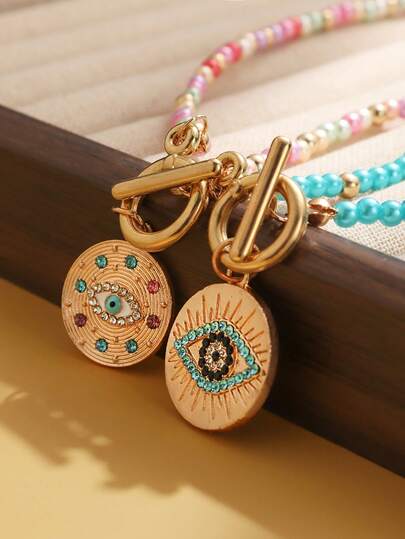 1件彩色人造绿松石项链，邪眼吊坠项链，复古串珠颈链，独特饰品（珠子颜色随机搭配）