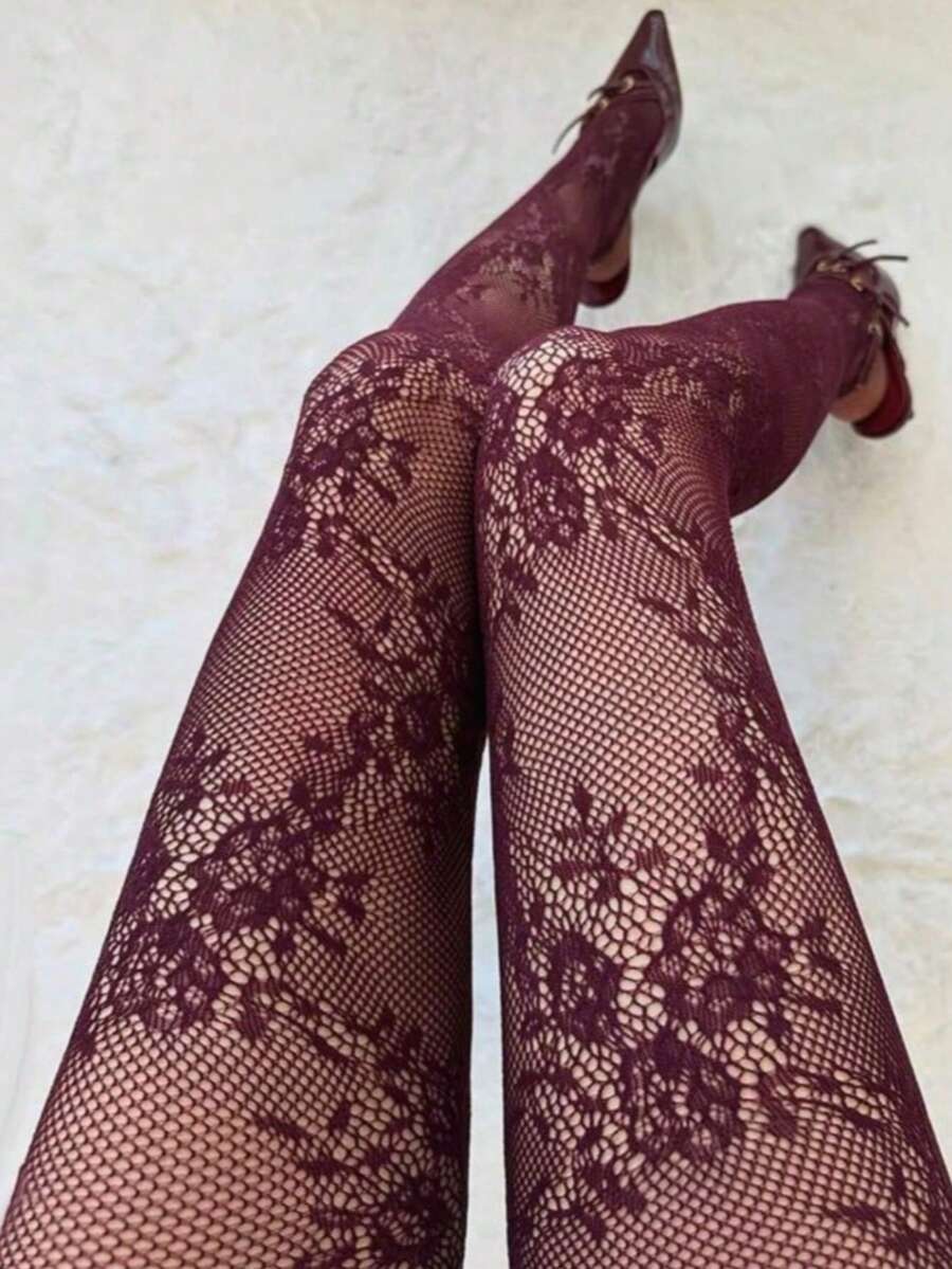 Lolita Sweet Punk Floral Over-The-Knee Tights, Colorful Sexy Hollow Mesh Fishnet Stockings Lingerie For Women - Burgundy - View 1