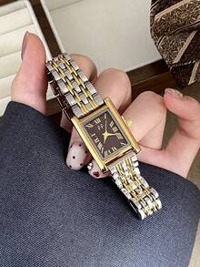 1pc Rectangular Dial Women's Quartz Watch, Roman Numeral Design, Suitable For Daily Wear, Ideal Gift Choice - Silver and Gold - View 4