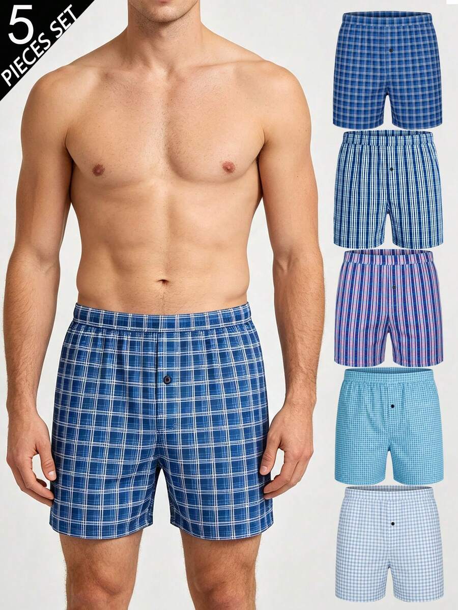 5件組男士內褲，柔軟舒適格紋圖案設計寬鬆短褲，附鈕扣門襟，適合日常穿著與度假