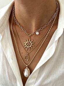 3pcs Vintage Elegant Bohemian Style Women's Baroque Asymmetric Pearl Sun & Asymmetrical Geometric Pendant Necklace, Suitable For Daily Wear And Summer Beach Vacation, Versatile Gift - Gold - View 1