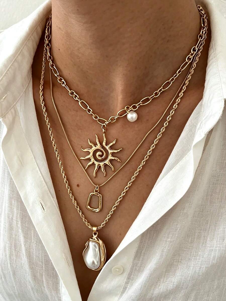 3pcs Vintage Elegant Bohemian Style Women's Baroque Asymmetric Pearl Sun & Asymmetrical Geometric Pendant Necklace, Suitable For Daily Wear And Summer Beach Vacation, Versatile Gift - Gold - View 1