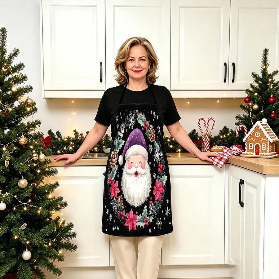 1pc Christmas Santa Claus, Christmas Bells, Christmas Snowflakes, Christmas Reindeer, Christmas Tree, Christmas Snowman, Christmas Penguin, Christmas Cartoon Animal Pattern Chef Apron, Apron, Suitable For Home Decor And Kitchen Use. Made Of 100% Polyester Material, Designed As Sleeveless Style, Perfect For Home Kitchen, Outdoor BBQ Cooking. This Printed Apron Is Unisex, Machine Washable And Reusable, Essential Kitchen Accessory - Multicolor - View 1