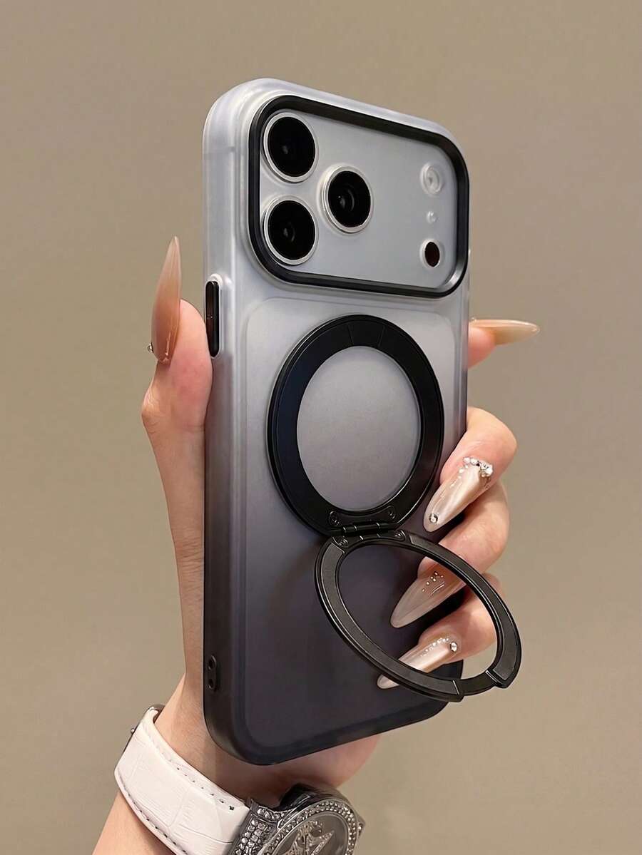 1PC Semi-Transparent Gradient 360° Rotating Magnetic Ring Stand Phone Case Compatible With IPhone 18 Pro Max 17 16 15 14 13 Pro Max Plus Full-Body Shockproof Dual-Layer IMD Matte Anti-Slip 2-In-1 Protective Cover - Black - View 1