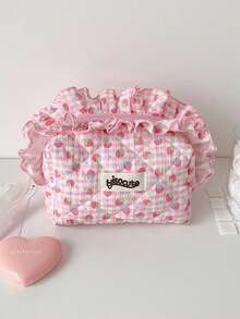 1 pieza Bolsa de maquillaje con estampado floral y decoración de encaje, organizador de cosméticos de gran capacidad, bolsa de aseo portátil para viajes, bolsa de almacenamiento de productos para el cuidado de la piel, esencial de viaje. - Multicolor - Ver 13
