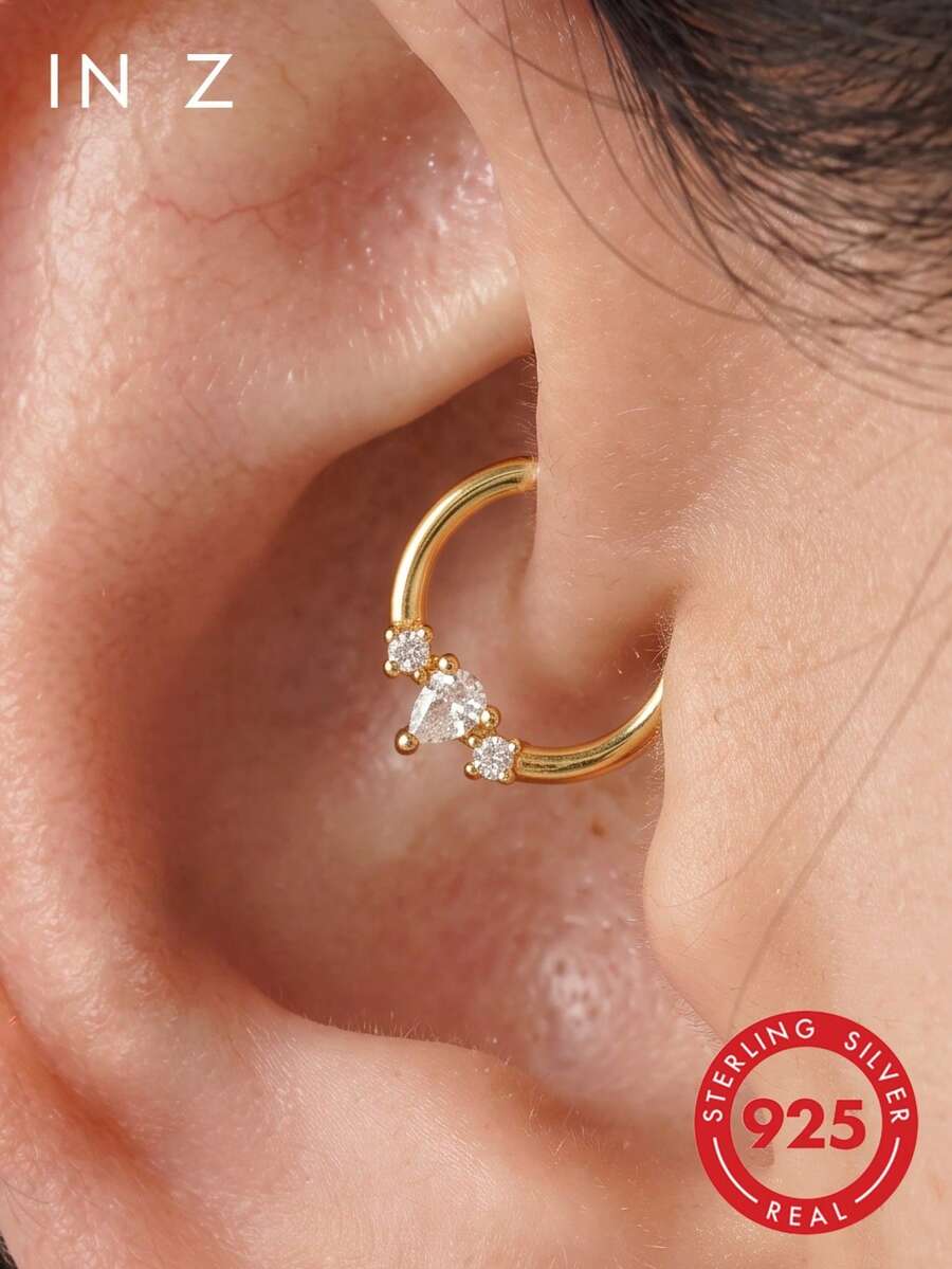 1pc 925 Sterling Silver 16G Pear-Shaped Zirconia Double Diamond Seamless Hoop Earring - Cartilage Hoop, Helix Hoop, Nose Ring, Septum Ring, Seamless Clicker Earring, Mini Earring, Tragus Hoop, Cartilage Hoop, Helix Piercing Ring, Silver Seamless Cartilage Earring, Suitable For Men And Women Daily Wear - Pear-shaped Double Diamond - View 1