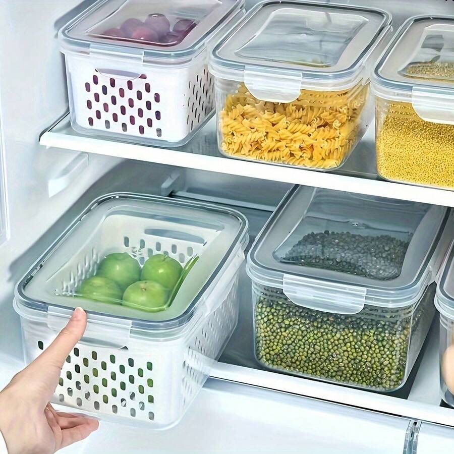 9pcs/Set Food Storage Containers With Drain Baskets And Lids - Leak-Proof, Fridge, Reusable Multi-Purpose Kitchen Storage Boxes For Fruits, Vegetables And Food. 3 Containers, 3 Drain Baskets, 3 Lids.