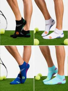 4 Pairs Random NoveltyMen Color Block Dot Pull Tab Ankle Socks, Antislip Heel Side Stripe Tennis Sports Socks, Breathable Moisture Wicking CasualSocks - Multicolor - View 7
