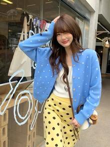 Sweet Lazy Vintage Style Versatile Casual Polka Dot Loose Slimming Knit Cardigan Jacket Top - Blue - View 1