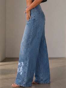 Celana Jeans Denim Wanita Motif Kupu-kupu Vintage yang Dicuci - Medium Wash - View 4