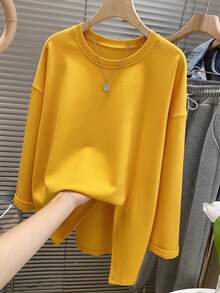 Kaos Lengan Panjang Minimalis Warna Polos untuk Wanita, Belahan Samping, Atasan Longgar yang Melangsingkan, Cocok untuk Awal Musim Gugur, Lapisan Dasar Kasual. - Kuning - View 2