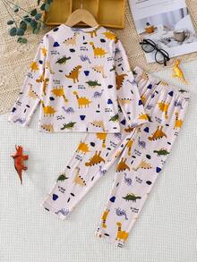 Young Boy 2-Piece Set Long Sleeve Top And Pants Pajama Set, Spring/Autumn/Winter Base Layer, Unisex For Boys And Girls, Ages 4-12 - Multicolor - View 4