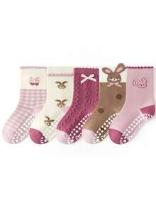 5 Pairs Kids Floor Socks, Pink Cherry Rabbit Pattern, Dotted Grip, Boys Girls Baby Toddler Soft Sole Indoor Anti-Slip Japanese Cartoon Mid-Calf Socks - Multicolor - View 2