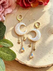 1 par de pendientes colgantes con borlas de luna creciente y estrella, imitación de ópalo, pendientes de gota de agua para mujer, accesorios de joyería boho para boda y fiesta, regalo - pendientes - Ver 2