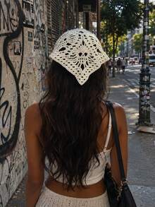 1 pieza Pañuelo de cabeza de punto con calavera y triángulo estilo calle Y2K, hueco y transpirable, con lazo, accesorio de cabello personalizado para mujer, estilo calle, chica hot, subcultura, accesorio para fotos, disfraz de fiesta de Halloween - Multicolor - Ver 2