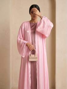 Hafizah Middle Eastern Modest Women Abaya Dress, Dubai Outerwear Cardigan Robe, Shiny Fabric, - Berwarna merah muda - View 6
