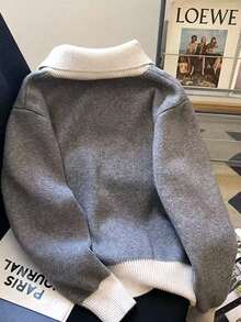 Áo len cardigan tay dài có khóa kéo, áo len dệt kim đa năng - Màu xám đen - Xem 2