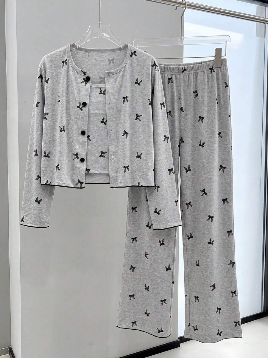 Spring/Autumn Girls Pink Princess Style Lace Collar + Heart Print Long Sleeve Long Pants Pajama 2-Piece Set, Soft Fabric, Loungewear - Light Grey - View 1