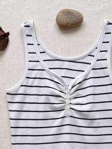 Women's Striped Tank Top With Sweetheart Neckline, Buttons, And Ruching In Ribbed Knit, Regular Fit, Medium-Stretch Cotton, Perfect For Summer. - 白色條紋2 - 查看 4