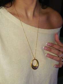 1pc 18K Gold Plated Stainless Steel Geometric Oval Pendant Necklace, Minimalist Vintage Luxury Necklace, Suitable For Daily Wear - Gold - View 5