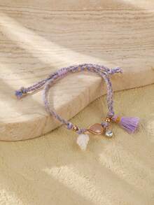 1pc Girls' Casual Versatile Handmade Woven Plastic Shell Colorful Tassel Bracelet - A - View 6