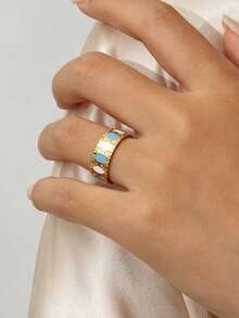 MONALLY 18K Gold Plated Stainless Steel Open Ring For Women, Vintage Enamel Blue White Geometric Adjustable Band Ring Statement Finger Jewelry Gift - Open Ring - View 2
