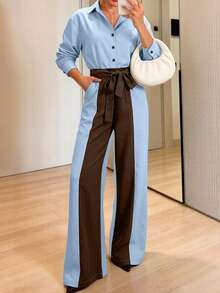 Women's Spring/Autumn Lapel Long Sleeve Solid Color Blouse + High Waist Colorblock Patchwork Wide Leg Pants 2 Pieces Set - Baby Blue - View 1