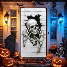 1 pieza Pancarta de puerta de Halloween oscura, calabaza multicolor, esqueleto, bruja, calavera, pared agrietada de terror, tela para cubrir la puerta, decoración espeluznante para el porche delantero y la puerta principal del hogar, decoración para fiesta de Halloween, casa embrujada, entrada del jardín, fondo de cabina de fotos, Navidad, Halloween - Fondo de Halloween - Ver 18