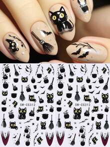 2 Sheets 3D Witchcraft Style Halloween Nail Stickers, Self-Adhesive Cat Witch Broom Hat Small Bat And Star Nail Decals, Spooky Cute Gothic Style Holiday Nail Art Supplies - Black - View 1