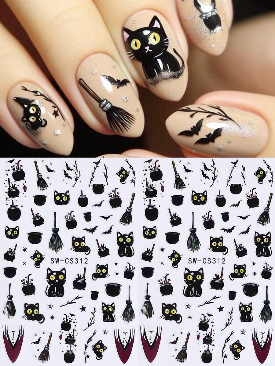 2 Sheets 3D Witchcraft Style Halloween Nail Stickers, Self-Adhesive Cat Witch Broom Hat Small Bat And Star Nail Decals, Spooky Cute Gothic Style Holiday Nail Art Supplies - Black - View 1