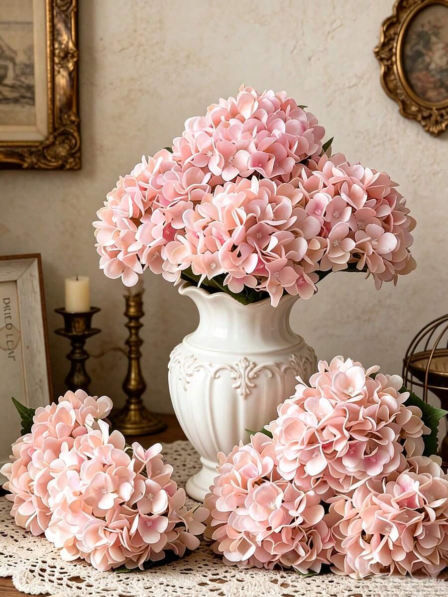 1pc Artificial Hydrangea Stem With Leaves, Real Touch Artificial Hydrangea, Suitable For Wedding, Home, Garden, Bedroom, Tabletop, Party, Birthday, Wall Decor, Autumn Decor, Wreath, Bouquet, Outdoor Garden Decor, Artificial Flower, Pink Flower - Multicolor - View 1