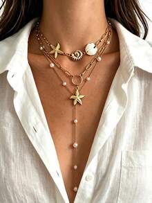 3pcs/Set Fashion Minimalist Elegant Vacation Style Women's Necklace Set With Shell And Faux Pearl Elements, Suitable For Daily Wear, Party, Vacation, Date, Commute, Perfect Gift For Family And Girlfriend On Holidays - Gold - View 5