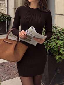 Vellofy Women's Fall Winter Dark Brown Round Neck Knit Mini Dress Long Sleeve Ribbed Slim A-Line Elegant Casual For Back To School Party Dating - Brown - View 5