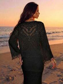 Fringed Openwork Bell Sleeve Seasonal Women's Cotton Cardigan - Black - View 2