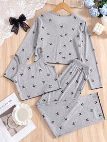 Spring/Autumn Girls Pink Princess Style Lace Collar + Heart Print Long Sleeve Long Pants Pajama 2-Piece Set, Soft Fabric, Loungewear - Light Grey - View 4