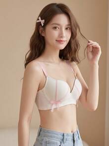 Lace Push-Up Bra Colorblock Women's Backless Seamless Wire-Free Bra Lifting Support Thick Cup Bowknot Bra Lingerie Sweet Style For Small Chest[Flat Chest Special] - White - View 4