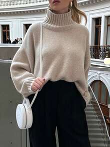 Sweater Pullover Lengan Panjang Leher Tinggi Rajut Bergaris Kasual Minimalis untuk Wanita, Warna Beige, Kain Rajut Elastis Sedang, Cocok untuk Musim Gugur. - lenan - View 2
