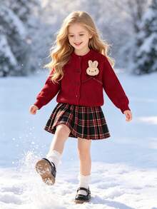 2pcs/Set Baby Girls Sweet Academic Style Elegant Lady Gentle Casual Outdoor Simple Comfortable Solid Color Knit Top With 3D Cartoon Rabbit Bow Decor, Long Sleeve Crew Neck Sweater And Plaid Pleated Mini Skirt, Suitable For Spring, Autumn, Winter - Burgundy - View 7