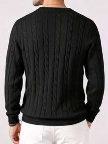 Men's Spring/Autumn Solid Color Casual Versatile Fashion Cable Knit Crew Neck Long Sleeve Sweater - Black - View 2