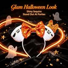 Disney Orange Sequin Bow Mickey Ears Headband, Vintage Halloween Mummy Design, Fabric Wrapped Sequin Accessory, Halloween Parade And Theme Party Cosplay Photo Prop - Style 1 - View 9