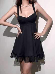 Top Dazzle Loose Fit Off Shoulder Mesh Slip Dress - Black - View 2