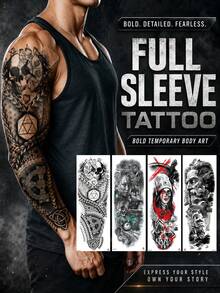 1 Pc Full Arm Temporary Tattoo Sleeve, Black & Grey Gothic Skull Warrior Ship Design, Steampunk Mechanical Style Fake Tattoo Sticker, Realistic Body Art, Waterproof Long Lasting Tattoo Transfer For Men - Black - View 1