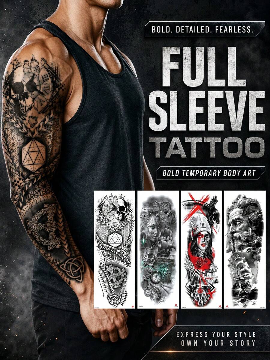 1 Pc Full Arm Temporary Tattoo Sleeve, Black & Grey Gothic Skull Warrior Ship Design, Steampunk Mechanical Style Fake Tattoo Sticker, Realistic Body Art, Waterproof Long Lasting Tattoo Transfer For Men - Black - View 1