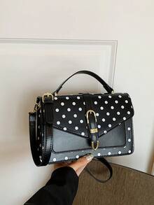 Women's Handle Crossbody Bag, Rectangular Flap Shoulder Bag, Polka Dot Print, Adjustable Strap, Large Capacity, Vintage Elegant, Suitable For Daily Commute And Dating - Black - View 4