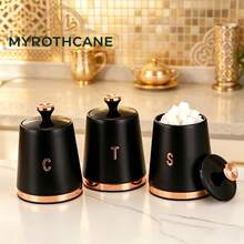 Myrothcane 3Pcs Elegant Matte Black Rose Gold Trim Airtight Storage Canister Set, Coffee Tea Sugar Sealed Jars, Metal Food Containers With Lid, Modern Kitchen Countertop Organizer - Gold - View 2