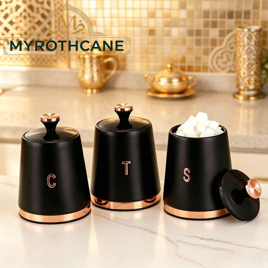 Myrothcane 3Pcs Elegant Matte Black Rose Gold Trim Airtight Storage Canister Set, Coffee Tea Sugar Sealed Jars, Metal Food Containers With Lid, Modern Kitchen Countertop Organizer