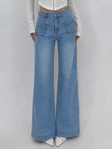 Celana Jeans Wanita Ukuran Besar Kasual Serbaguna Model Lurus dengan Kantong, Celana Denim Biru Muda Pudar, Celana Jeans Denim Elegan Sederhana untuk Musim Gugur - Light Wash - View 4