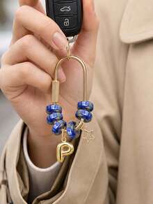 Blue Beaded Letter Keychain,Simple Brass Keychain Holder Clasp With Star Pendan,Fashion Bag Charms, Car Keychain,Gift For Women Girls Handbag Decor - Multicolor - View 9