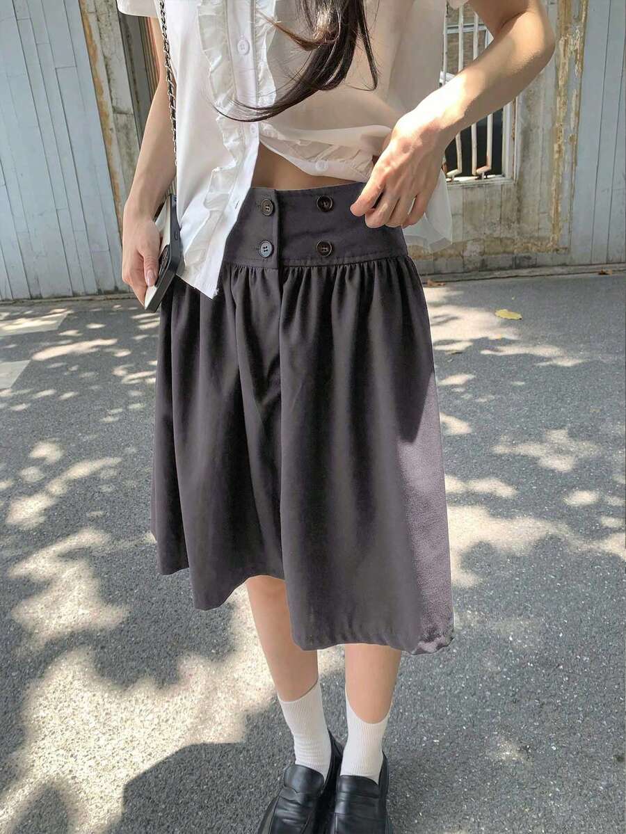韩版复古黑色碎花褶皱泡泡裙,百搭休闲,适合女性春季穿着 - 灰色 - 查看 1
